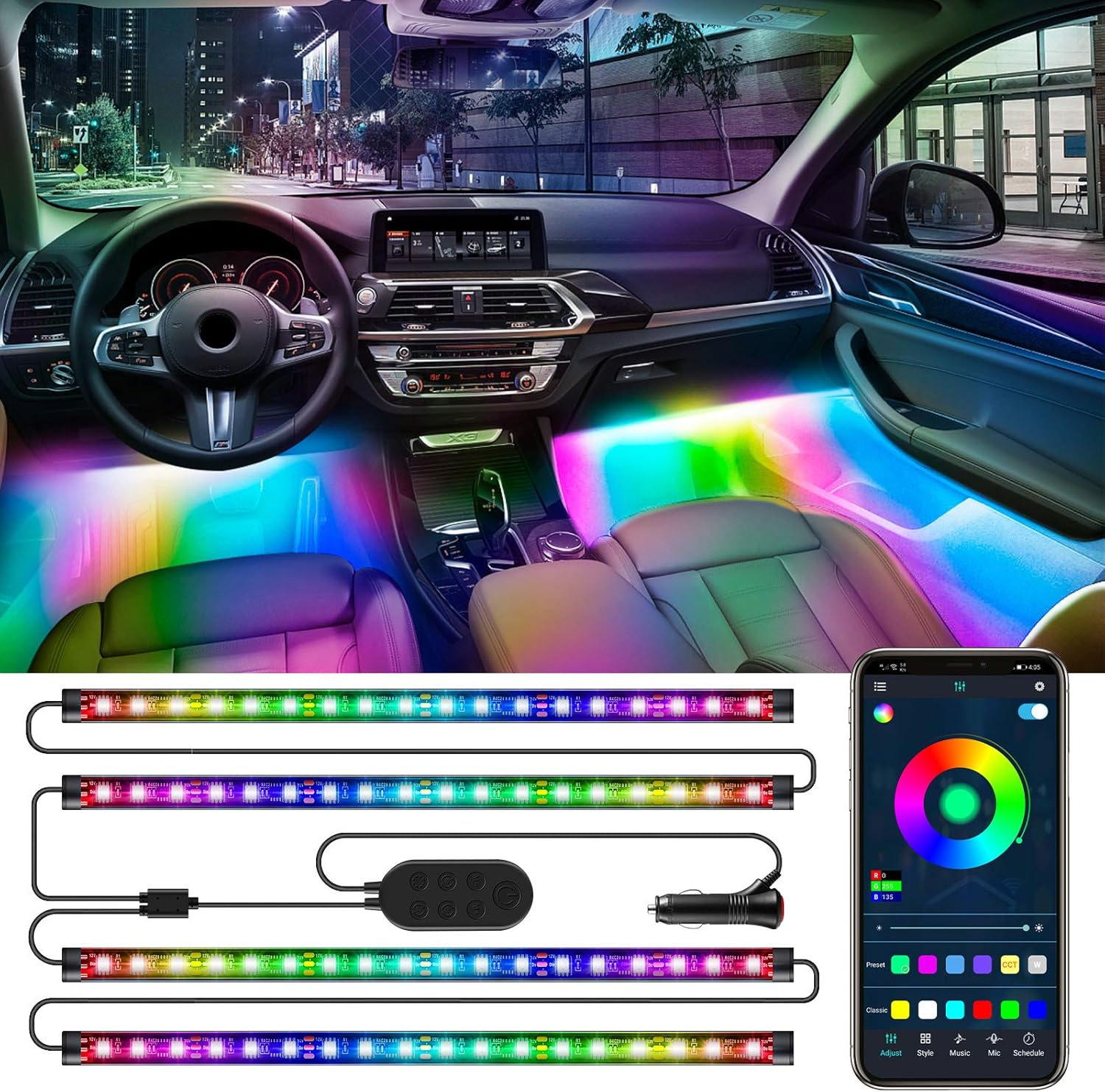 Specell RGBIC Interior Car Led Light, 4Pcs 72 LED Music Sync Car Led Strip Lights with App and