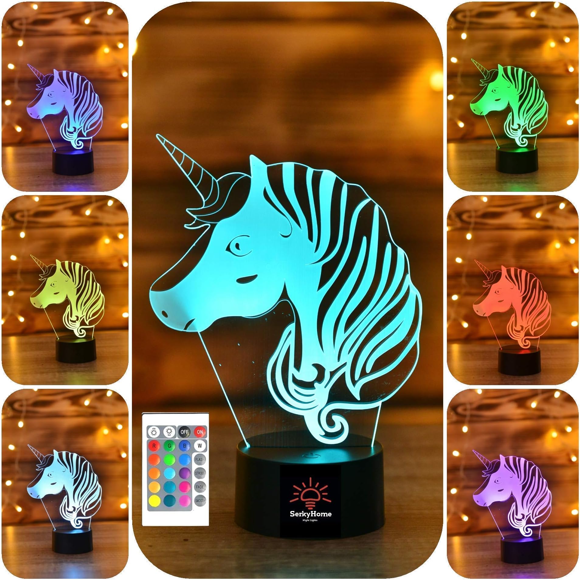Serkyhome 3D Illusion Night Light for Kids 7 Colors with Remote-Led Table Lamp(Unicorn)