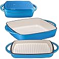 Bruntmor 2-in-1 Pre-seasoned Square Cast Iron Dutch Oven With Dual Handles, Non stick Pan with Grill, All-in-One Cookware Set, Cast Iron Casserole Dish with Lid for Braising Dishes,Whale Blue