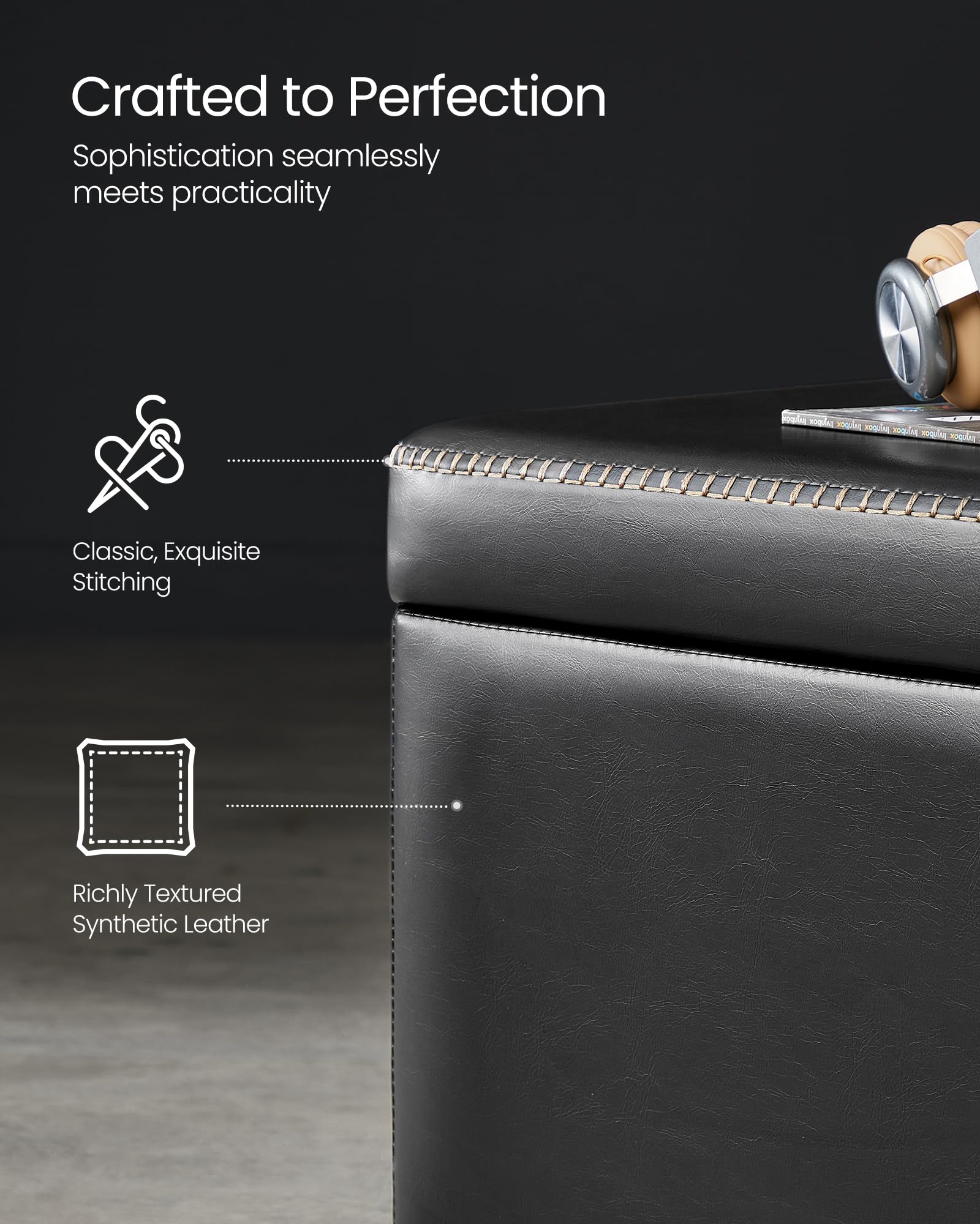 VASAGLE EKHO Collection - Storage Ottoman Bench, Entryway Bedroom Bench, 25 Gallons, Synthetic Leather with Stitching, Mid-Century Modern, Safety Hinges, Loads 660 lb, Ink Black ULOM075B01 - Image 3