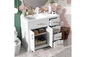 36" Luxury Elegant Bathroom Vanity with Ceramic Sink, Soft Closing Doors, 4 Durable Smooth Soft-Close Drawers, 1 Adjustable S