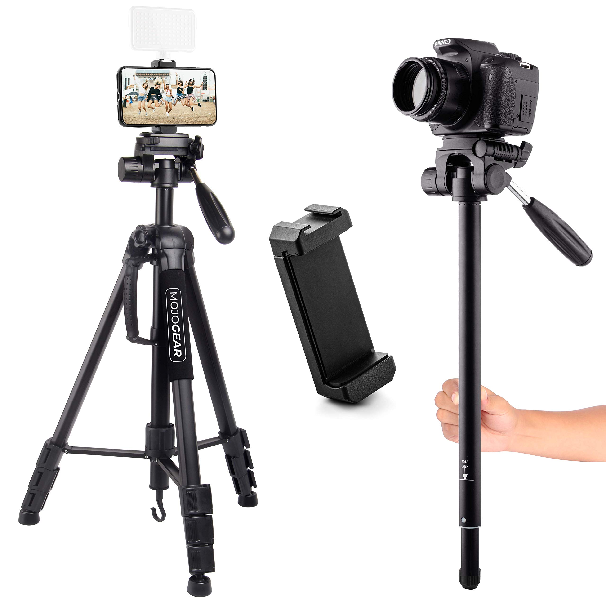 MOJOGEAR 177cm 2-in-1 Tripod: Tripod & Monopod - up to 177cm high - Phone tripod adjustable in height - Camera tripod – with phone holder and carrying bag - Tripod compatible with iPhone - Black