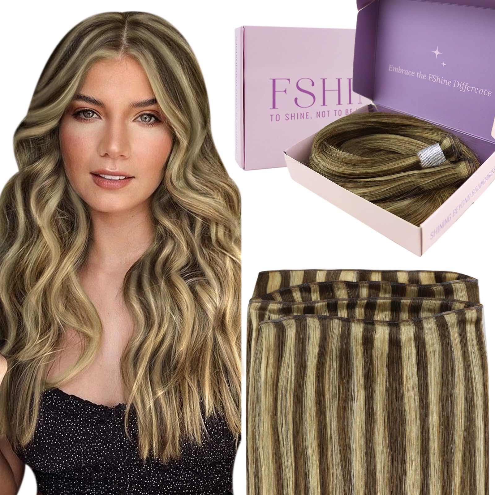 Fshine Sew In Hair Extensions Medium Brown Highlight Honey Blonde Hair Weft Extensions Real Human Hair Full Head Weft Human Hair 22 Inch Weave Hair Extensions Hair Real Human Hair 60g — image 1