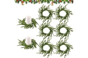 YBB 6Pcs Christmas Norfolk Candle Rings, 9 Inch Small Pine Candle Wreath Taper Pillar Holders for Christmas Table Centerpiece