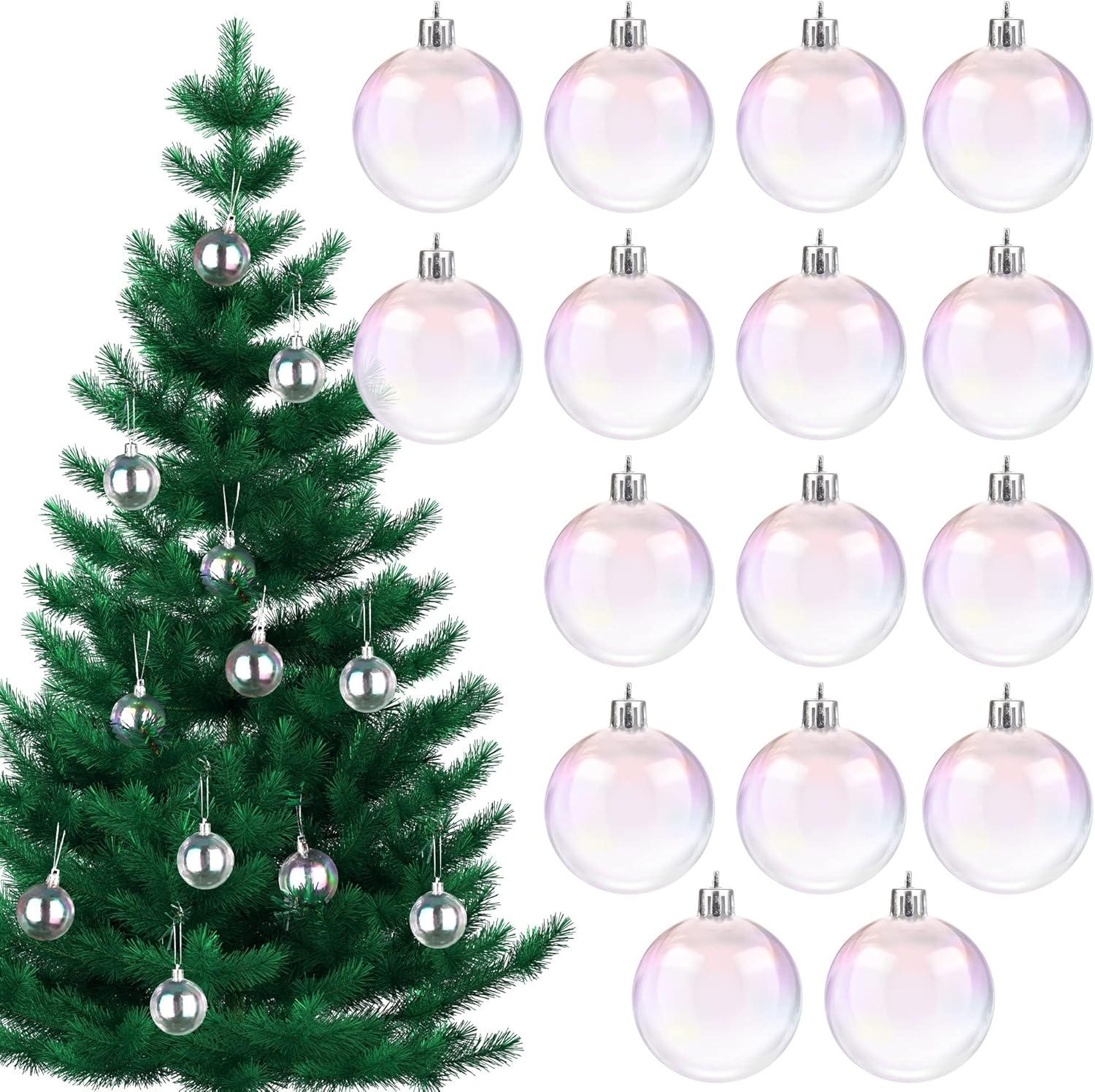 Ornaments - ADXCO 16 Pieces Christmas Iridescent Ball Ornaments Shatterproof Christmas Tree Baubles Clear Plastic Decorative Hanging Pendant for Xmas Decoration Wedding Birthday Party Supplies, Clear
