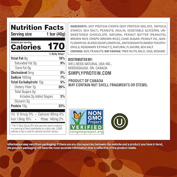 SIMPLY PROTEIN – PEANUT BUTTER CHOCOLATE CRISPY BARS – PLANT BASED PROTEIN BARS – LOW CARB, LOW SUGAR, HIGH FIBER – 13G PROTEIN, 2G SUGAR, 7G FIBER – VEGAN, GLUTEN FREE, NON GMO, KOSHER – 4 BARS