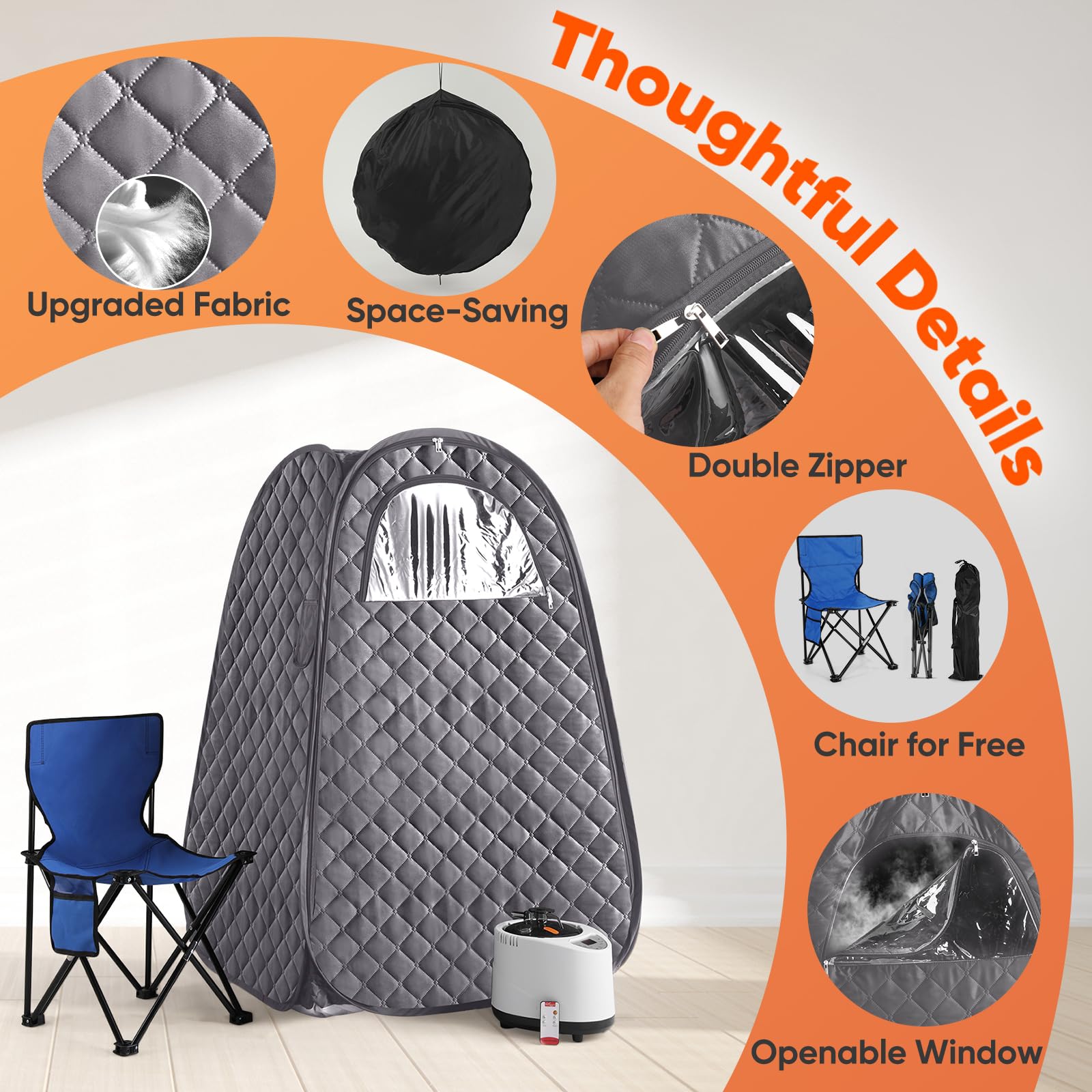 IvyBess Sauna Box, Portable Steam Sauna for Home, 2.6L 1000W Portable Full Body Sauna, Sauna Tent with Steamer, Extra Large Sauna Box with 90 Minute Timer, Chair, Remote Control Included (Grey)