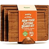 SMIRLY Wood Cutting Boards for Kitchen Wooden Chopping Board Set Reversible with Deep Juice Grooves Grip Handles, Large Charcuterie Tray, New Apartment Essentials, Carbonized Bamboo, 3Pcs with Holder