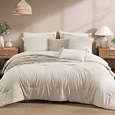 Monbix Queen Comforter Set - 7 Pieces Soft Bed in a Bag Queen Bedding Sets | All Season Beige Prewashed Comforter Bed Set with Striped Sheets, Pillowcases &amp; Shams