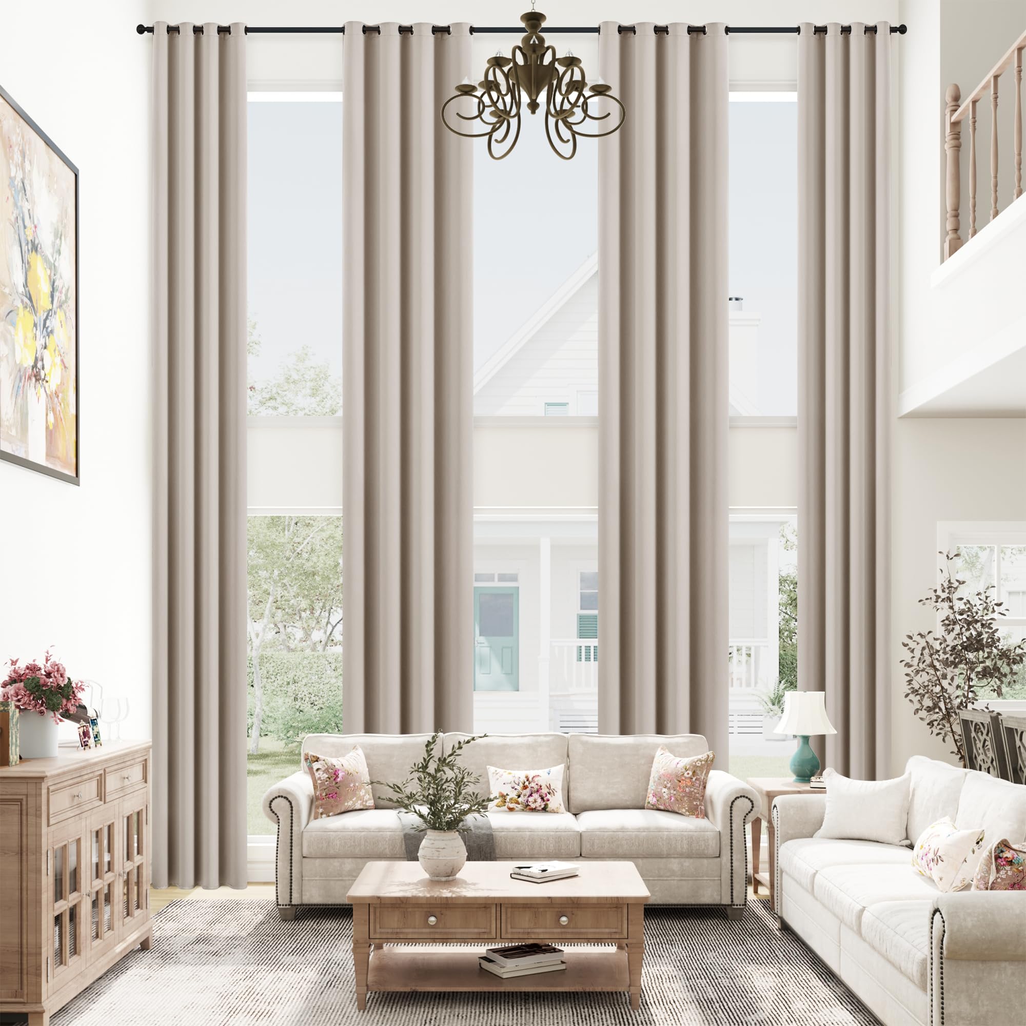 Photo 1 of mstexa Beige 168 Inch Blackout Curtains for High Ceiling Living Room Extra Long Room Darkening Curtain Thermal Insulated Sun Blocking Luxury Modern Grommet Curtains Privacy Drapes Tall Window 52x168
