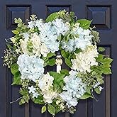 Quixem Spring Wreath Artificial Hydrangea Eucalyptus 20IN, Light Blue White Green, Spring Easter Summer Front Door Wall Décor