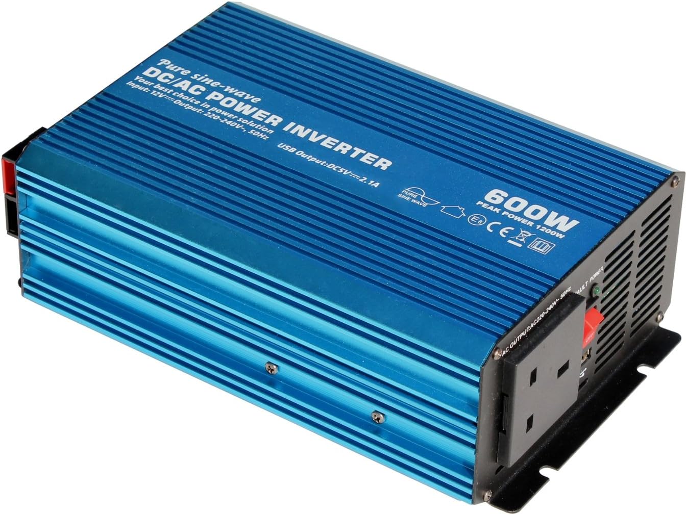 600W 12V pure sine wave power inverter 230V AC output (UK socket), with powerful USB port