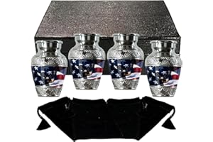 Evergreen Memorials Handcrafted U.S. Flag Set of 4 Keepsake Mini Urns for Ashes, 3 Inches Tall, with 4 Velvet Bags, for Burial & Decoration & Funeral (Set of 4 Keepsakes)