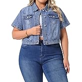 Agnes Orinda Plus Size Denim Jacket for Women Short Sleeves Button Down Cropped Jean Jackets
