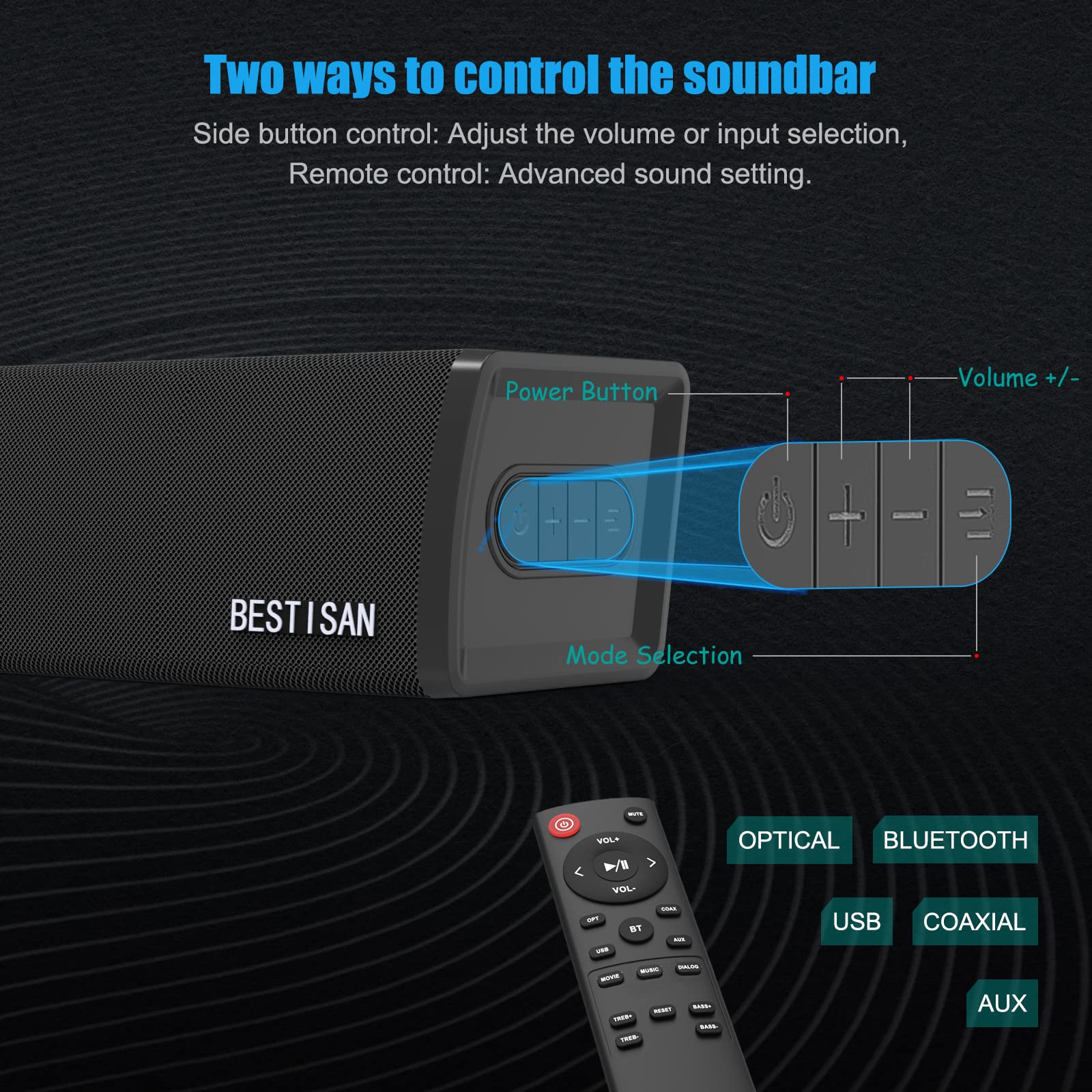 BESTISAN Sound Bar da 80 Watt per TV di Home Theater System (Bluetooth 5.0, 34, DSP, bassi forti, connessioni cablate wireless, bassi regolabili, montaggio a parete