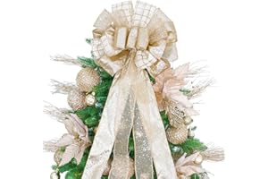 TBD DECOR Christmas Tree Topper Bow 52x12“ Christmas Ornament with Glitter Satin Mesh Streamer,for Your Christmas Decor & Ornaments (Champagne Gold)