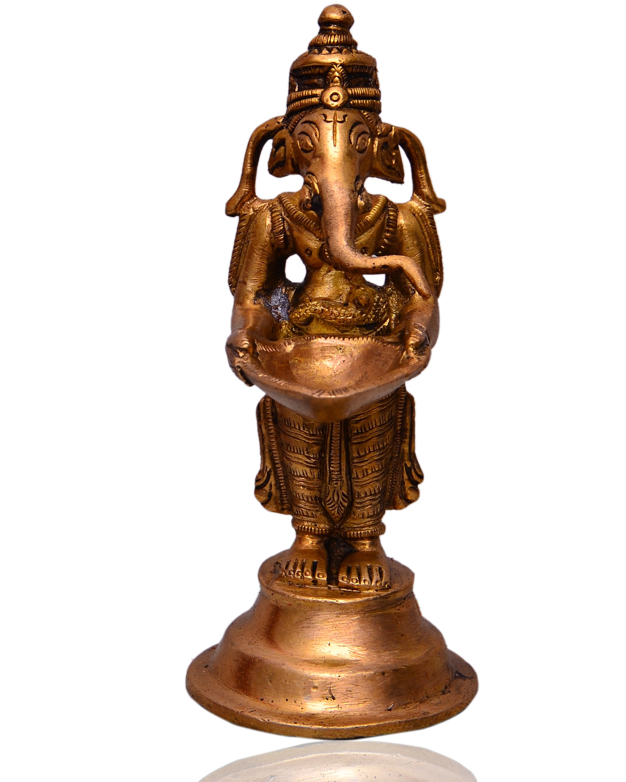 Purpledip Unique Brass Ganpati Idol holding diya, Indian gift Ideas (10513)