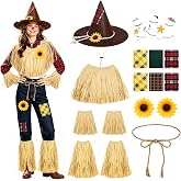 TgtherVibe 17Pcs Scarecrow Costume Set, Women Men Kids Cosplay Dress Up | Raffia Scarecrow Accessories, Brown Felt Hat Rope, Face Decals, Patchwork, Sunflower for Halloween Harvest Cosplay Party