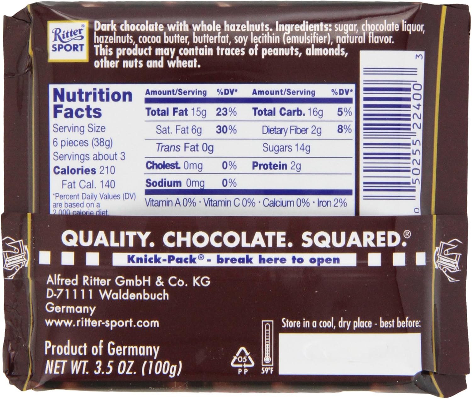 Ritter Sport Dark Chocolate With Whole Hazelnuts 3 5 Ounce Bars Pack Of 10 Amazon Ca Grocery