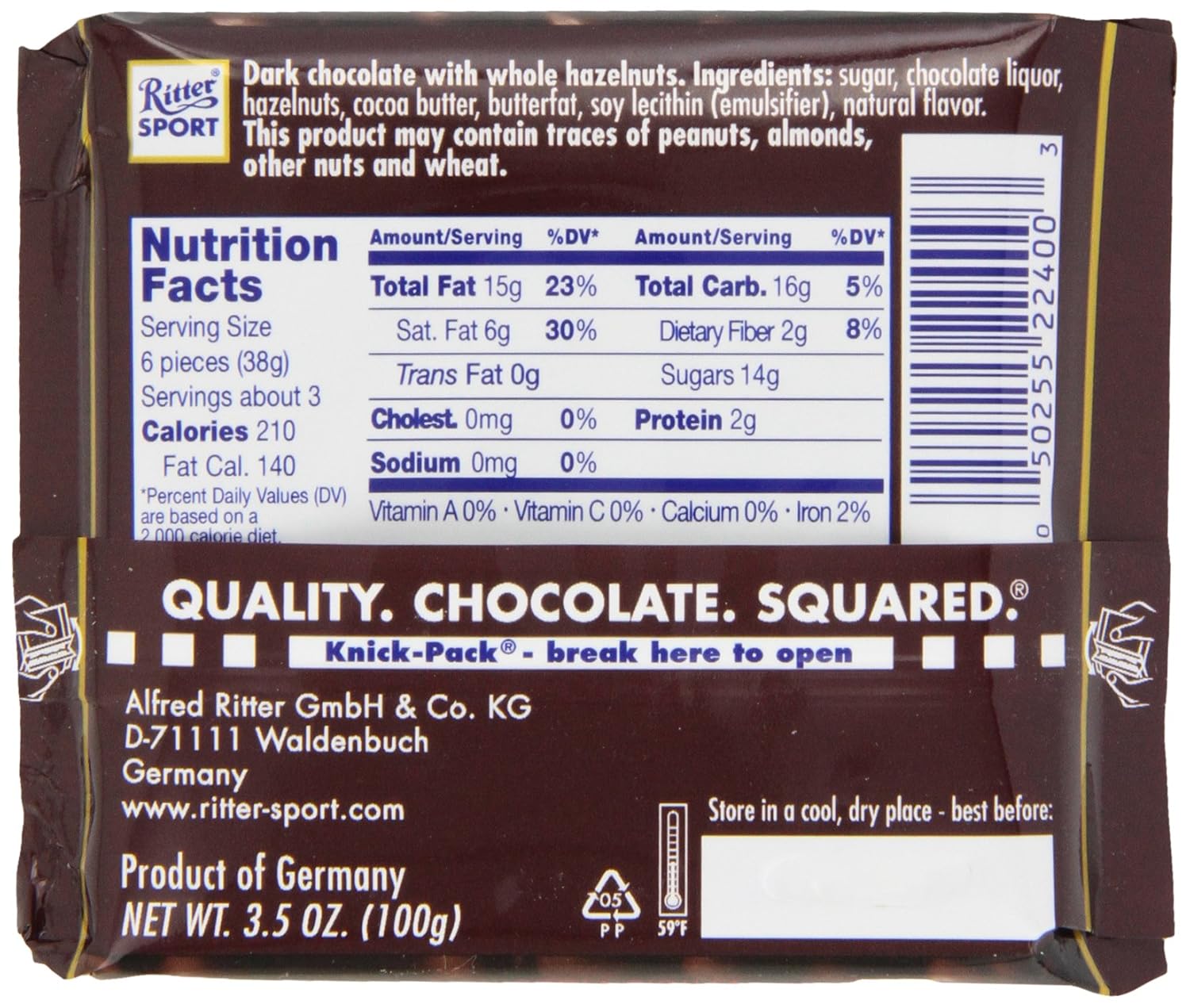 Ritter Sport Dark Chocolate With Whole Hazelnuts 3 5 Ounce Bars Pack Of 10 By Ritter Sport Amazon De Lebensmittel Getranke