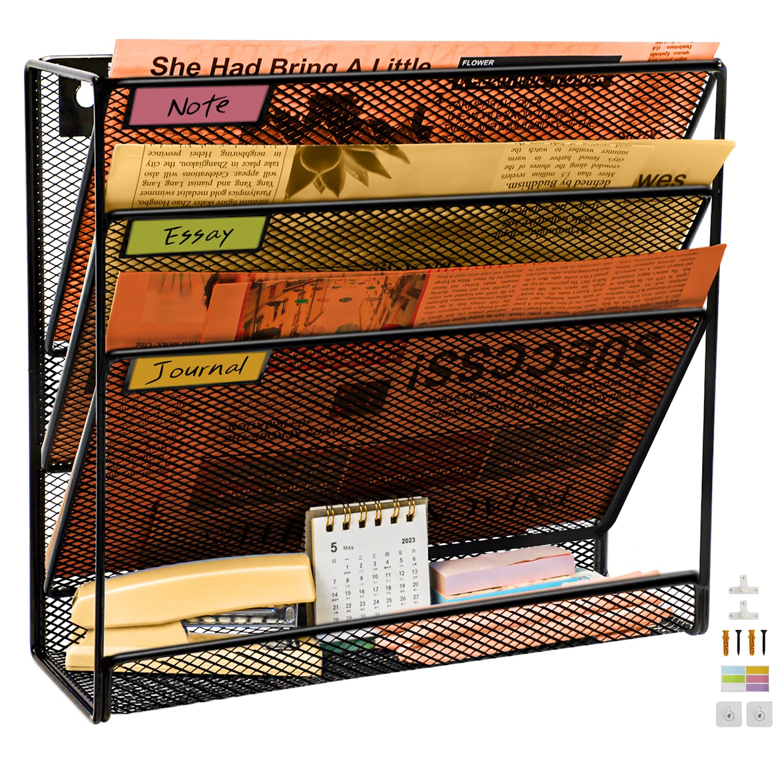 PLSOPPKG 4 Tier Wall Mounted File Organizer, Hanging Wall File Holder, A4 Wall Pocket File Holder, Metal Mesh Magazine Rack, Mail Organizer Wall Mount Holder, Upgrade