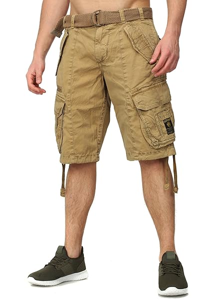 Geographical Norway Sweatshorts PANTERE Cargo Style mit vielen Details Bestickungen Patches inklusive Gürtel