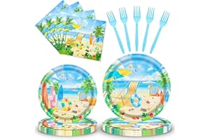 GISTOME 96 Pieces Summer Beach Tableware Set Party Supplies - Tropical Themed Disposable Dinnerware with Paper Plates, Napkins, and Forks for Picnics, Birthdays, Pool Celebrations - Serves 24