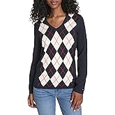 Tommy Hilfiger Womens Long Sleeve Cotton Argyle V-Neck Sweater