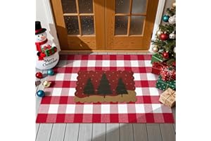 OJIA 2PCS Christmas Rug Door Mat Combo Set, Imitation Coir Doormat + 3'x5' Red and White Plaid Rug Xmas Washable Outdoor Area Rugs Layered Door Mats Floor Carpet for Porch Patio Decor Outside Entry