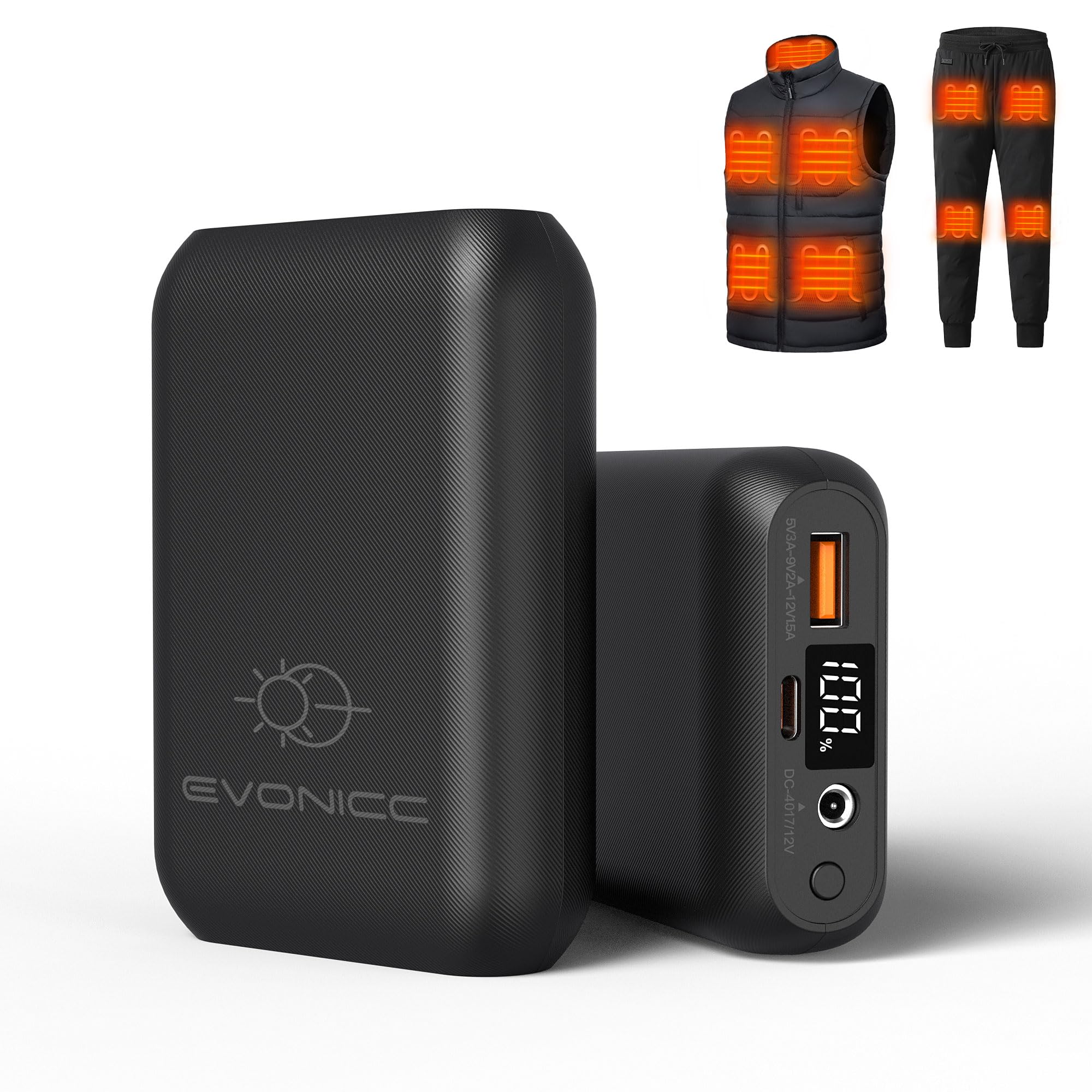 Photo 1 of Evonicc 7.4V 16000mAh Battery Pack for Heated Vest with DC/USB-A/USB-C Ports, Portable Rechargeable Power Bank with LED Display, Heated Vest Battery Pack for ORORO Venustas Heated Vest, Jacket, Pants