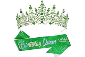 VELSCRUN Birthday Queen Tiara Crowns for Women Girls Green Crystal Birthday Queen Headband Sash Elegant Princess Crown Happy Birth Party Decorations Mom Sisters Birth Gift Hair Accessories