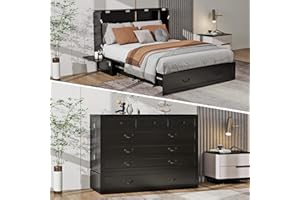 URBELEG Murphy Bed Queen with Tri-Folding Mattress, Murphy Bed Cabinet with Charging Station, Large Storage Drawer and Shelves for Home Office or Guest Room, Black