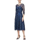 Alex Evenings Womens Tea Length Embroidered Cocktail Dress with Illusion Sleeves, Wedding Guest (Petite and Regular Sizes)