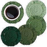 Whaline 4Pcs Boho Macrame Coasters Green Handmade Woven Drink Coasters Farmhouse Rustic Cup Mat Pad for Home Kitchen Office Table Desk Housewarming Gift Party Table Decor