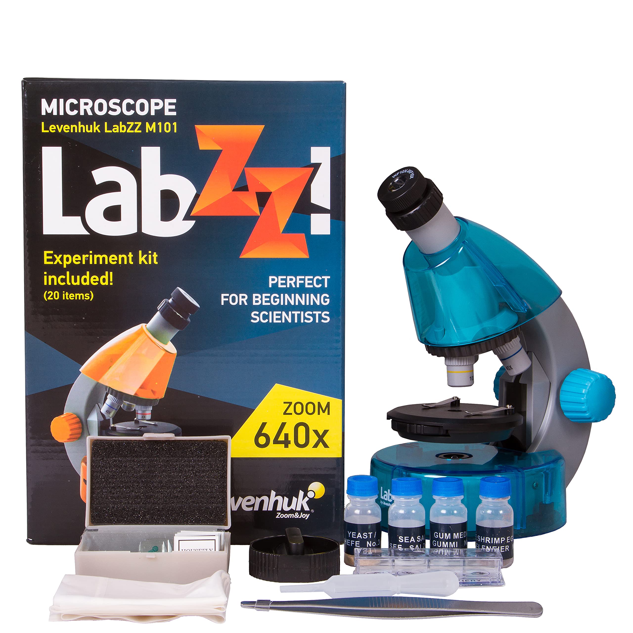 Levenhuk LabZZ M101 Azure 640x Portable Microscope for Kids, with LED Light, Science Kit & Colourful Book, Educational STEM Toys Set, Prepared Sample Slides, Gift Ideas for Children, 4+ Years (EN)