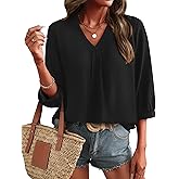 Bohemian Trendy Tops for Women 2026 Western Blouses Ladies Summer 3/4 Sleeve V Neck Shirts Plus Size Tunic Top Black