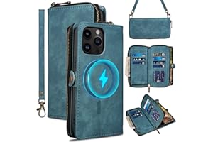 Rssviss Wallet Case for iPhone 15 Pro Max Crossbody with Card Holder Wrist Strap, Flip Zipper Case Compatible with Magsafe, RFID Blocking Purse Cover for iPhone 15 Pro Max Women Men 6.7 inch Lightblue