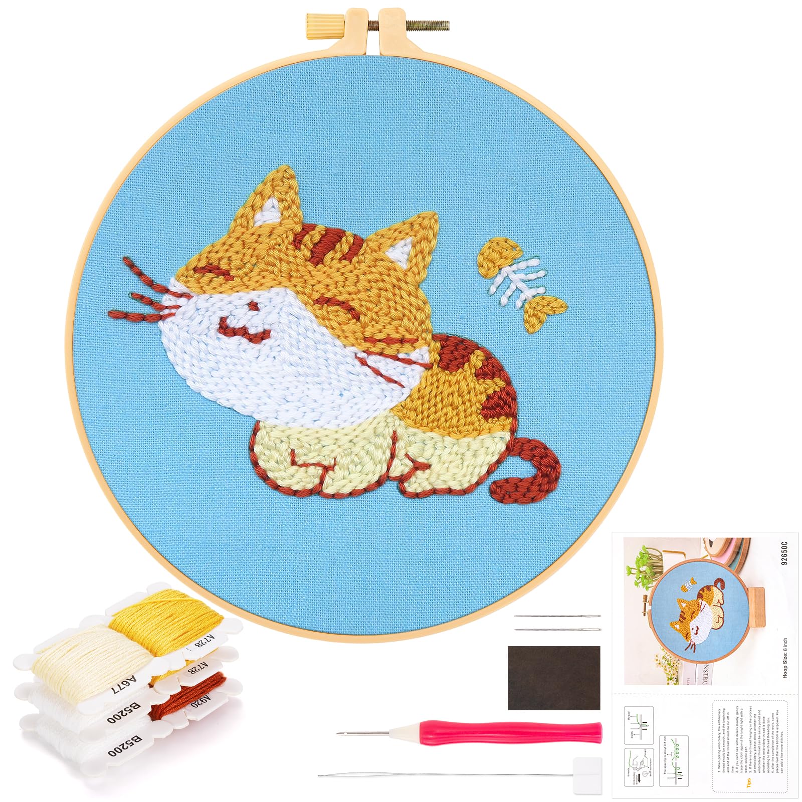 JSRQT Punch Needle Embroidery Starter Kits , Sleep and Eat Cat Handcraft Punch Needle Kits for Kids and Beginner, Punch Needle Yarn Rug Accessories Tool Set