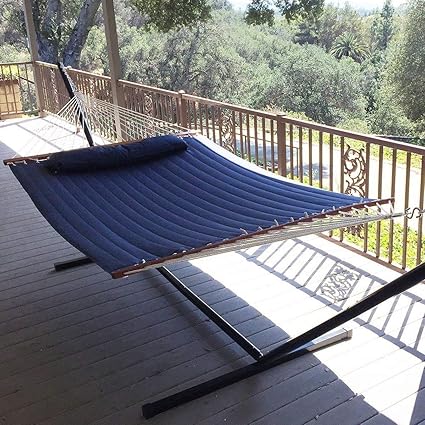 Vansaile Hammock Outdoor Quilted Cotton Fabric Beach Rope Hammocks Patio Hammock Bed Swing Bed Back Yard with Pillow New Sea Navy Blue