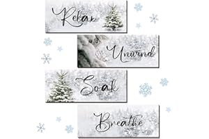 Huwena 4 Pcs Winter Bathroom Wall Decor Winter Wooden Decor Relax Soak Breathe Unwind Art Hanging Wall Pediments Rustic Xmas Wooden Sign for Xmas Home Living Room Laundry Spa(Tree)