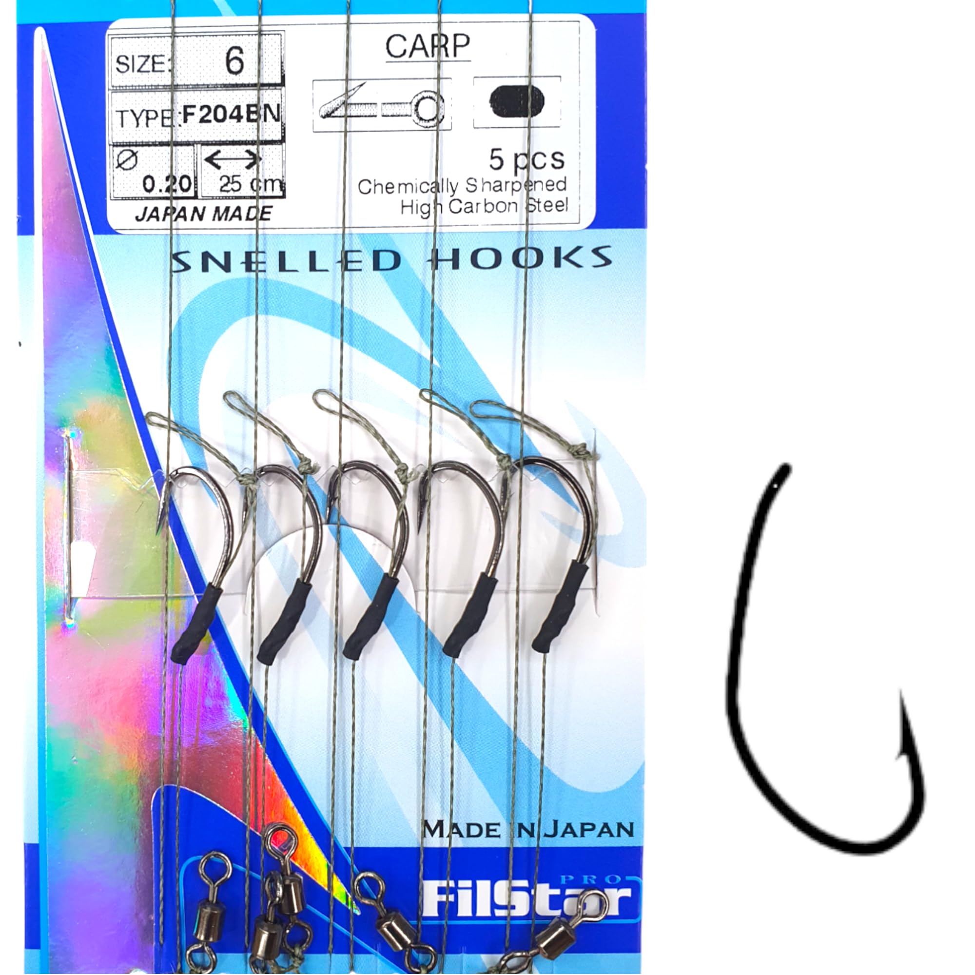 PRO FILSTAR Fishing Hook Set with Leader & Swivel 5 Pieces, N6, Braided Line 25 cm, Diameter 0.25 mm - Fishing Carp Accessories - Fishing Hook - Boilies & Pellet Hooks - Sport Set - Fishing Rig -