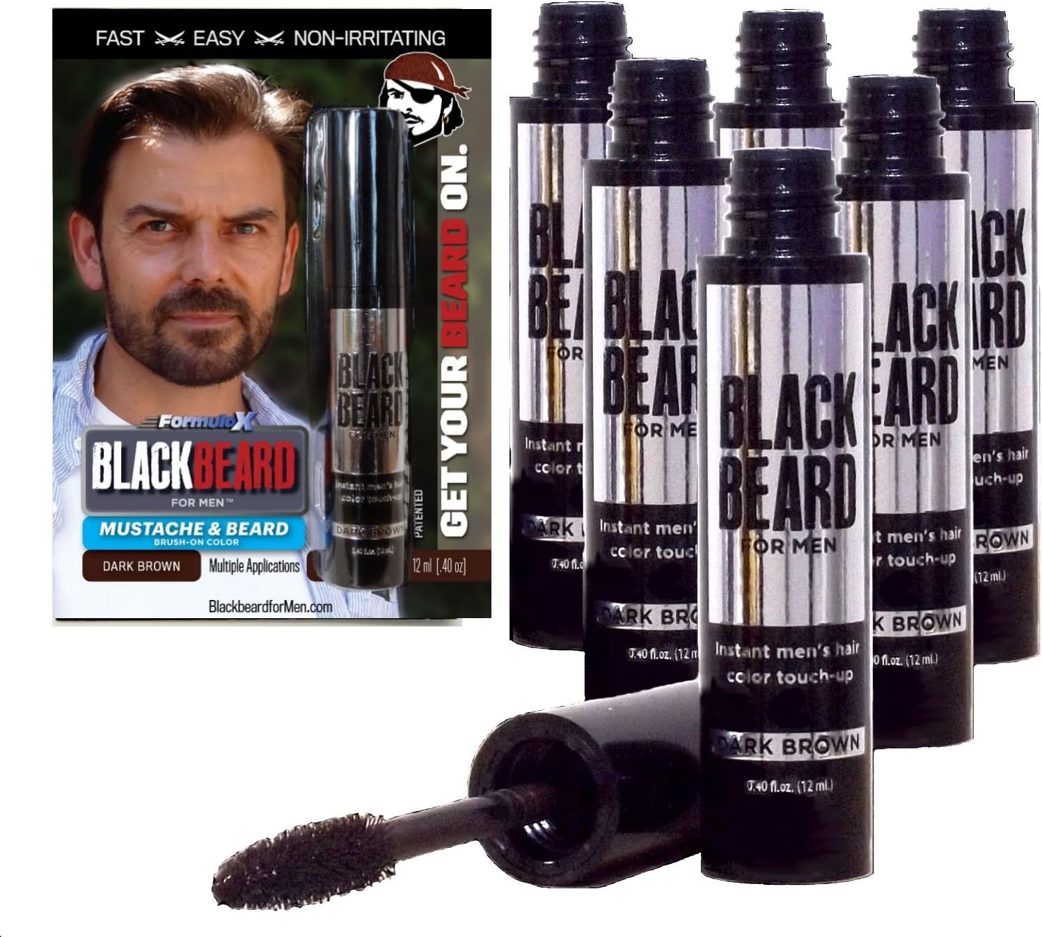 Blackbeard for Men - Instant Brush-on Beard & Mustache Color - 6-pack (Dark Brown)