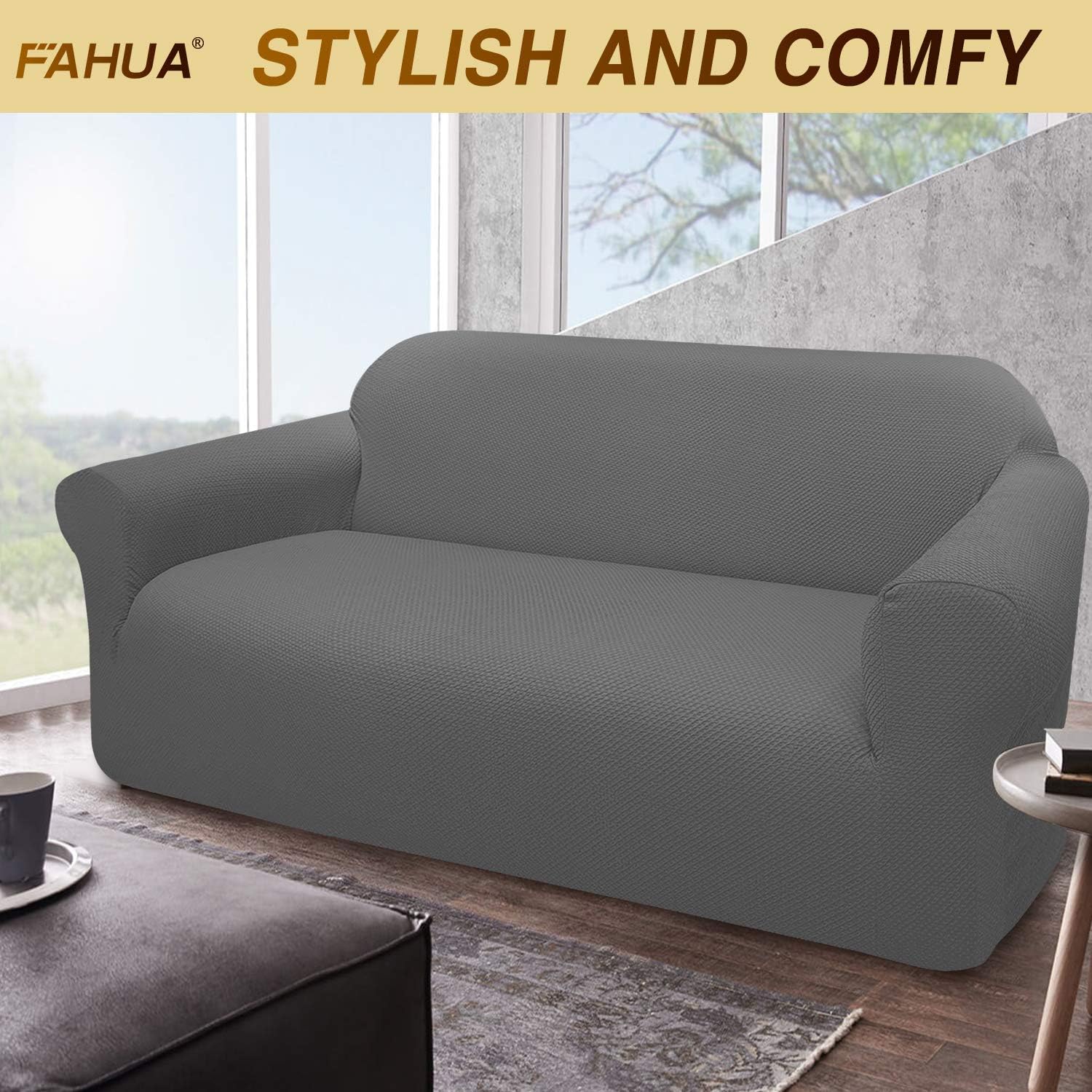 FAHUA Thick Couch Covers for 3 Cushion Couch 1-Piece Stretch Sofa Cover Slipcover Jacquard Non-Slip Furniture Protector for Dogs Pets Kids (Large, Light Gray): Kitchen & Dining