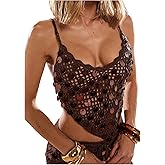 SHENHE Women's Sparkly Sequin Crochet Tops Sheer Asymmetrical Camisole Open Back Crop Top Tanks