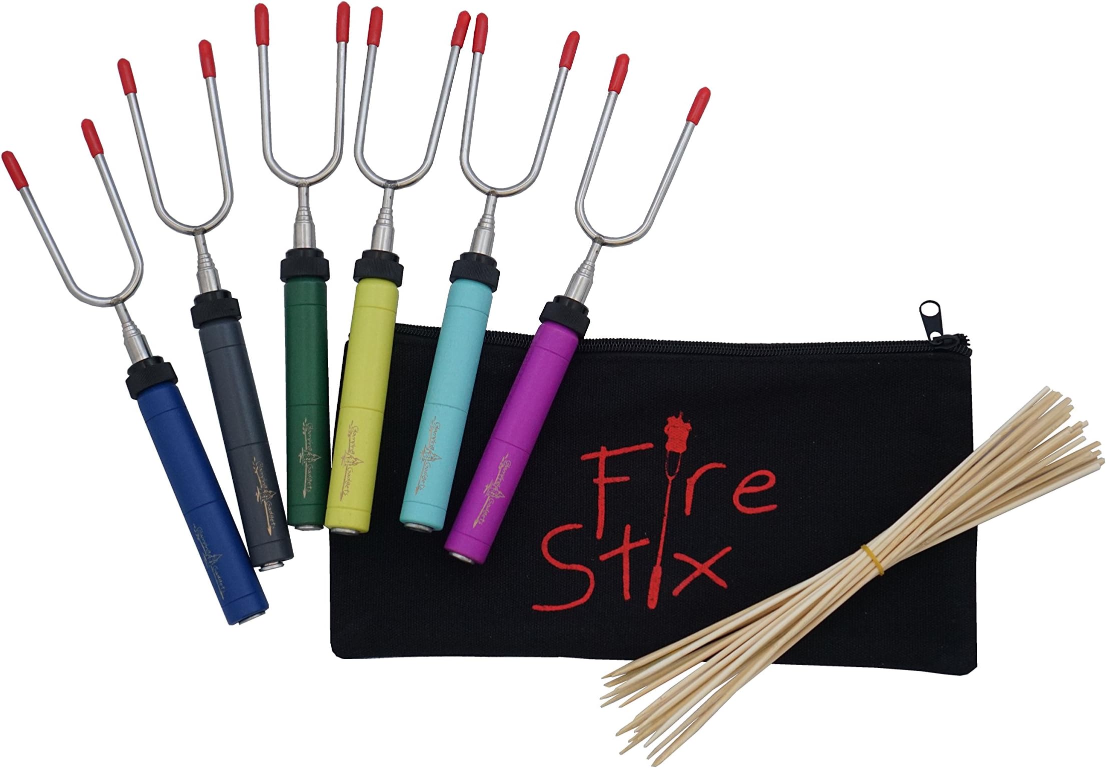 Glamping Gadgets Fire Stix - Set of 6 Premium Marshmallow Roasting Sticks for Hot Dog BBQ Forks Campfire Pit - Bonus Pouch and Skewers