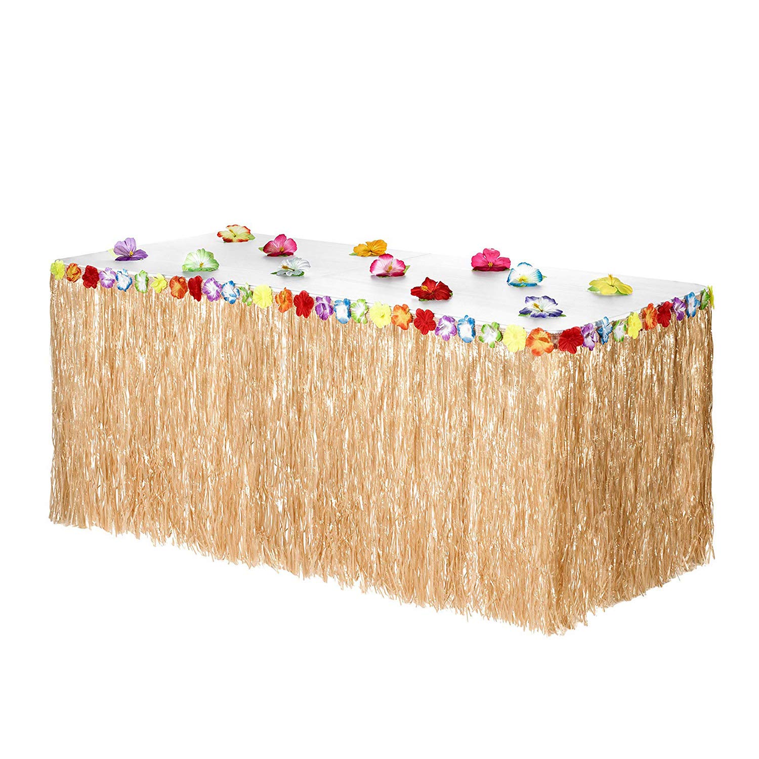 Quner Hawaiian Grass Table Skirt Bonus 12 Hibiscus Flowers Easy