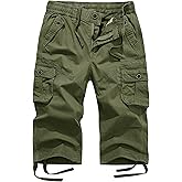 FOURSTEEDS Women's Mid Rise Cotton Capri Hiking Shorts Drawstring Multi Pocket Cargo Shorts Elastic Waist Cropped Cargo Pants
