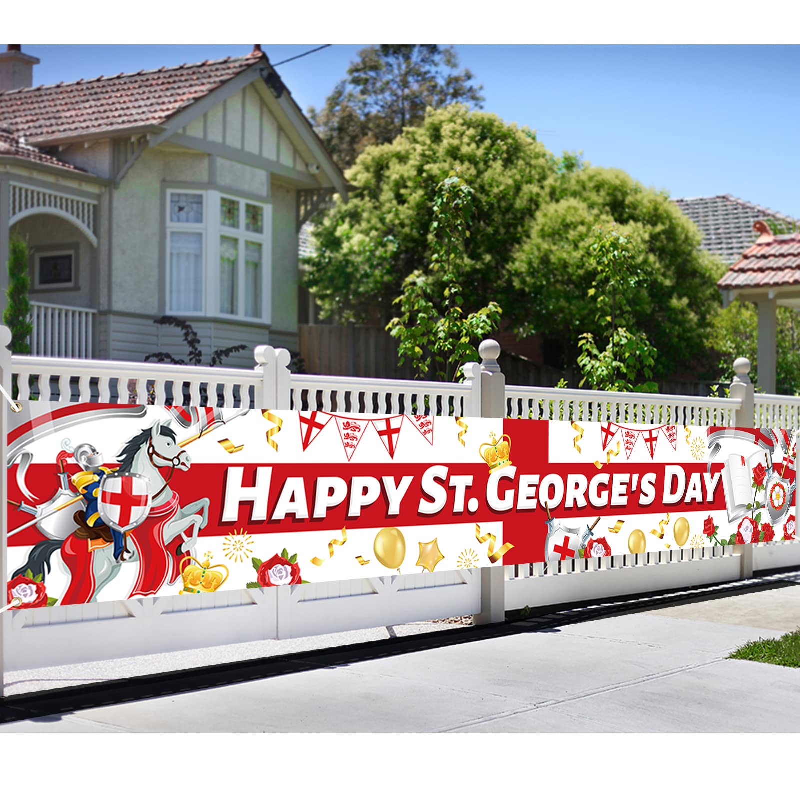 DPKOW Happy St. George's Day Banner Decorations, Long Fabric England National Day Banner, Red White St George Flag Backdrop for Patriotic Themed Party Decorations, 270 * 40cm