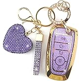 YIKECASE Key Fob Cover with Diamond Keychain for Women, Car Key Holder Compatible with Ford Explorer Fusion Edge Expedition F150 F250 F350 F450 F550 Maverick Mustang, 5 Buttons (Purple-Heart)