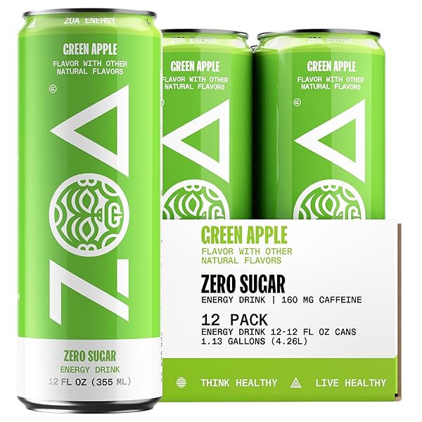 ZOA ZERO SUGAR ENERGY DRINKS, GREEN APPLE – SUGAR FREE WITH ELECTROLYTES, HEALTHY VITAMIN C, AMINO ACIDS, ESSENTIAL B-VITAMINS, AND CAFFEINE FROM GREEN TEA – 12 FL OZ (12-PACK)